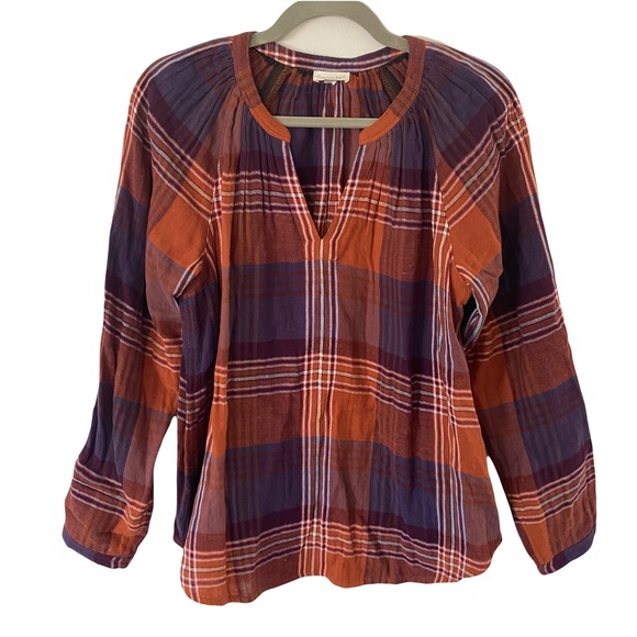 Garnet Hill Plaid Gauze Orange Purple Office Western Boho Blouse Top Small - Picture 1 of 4